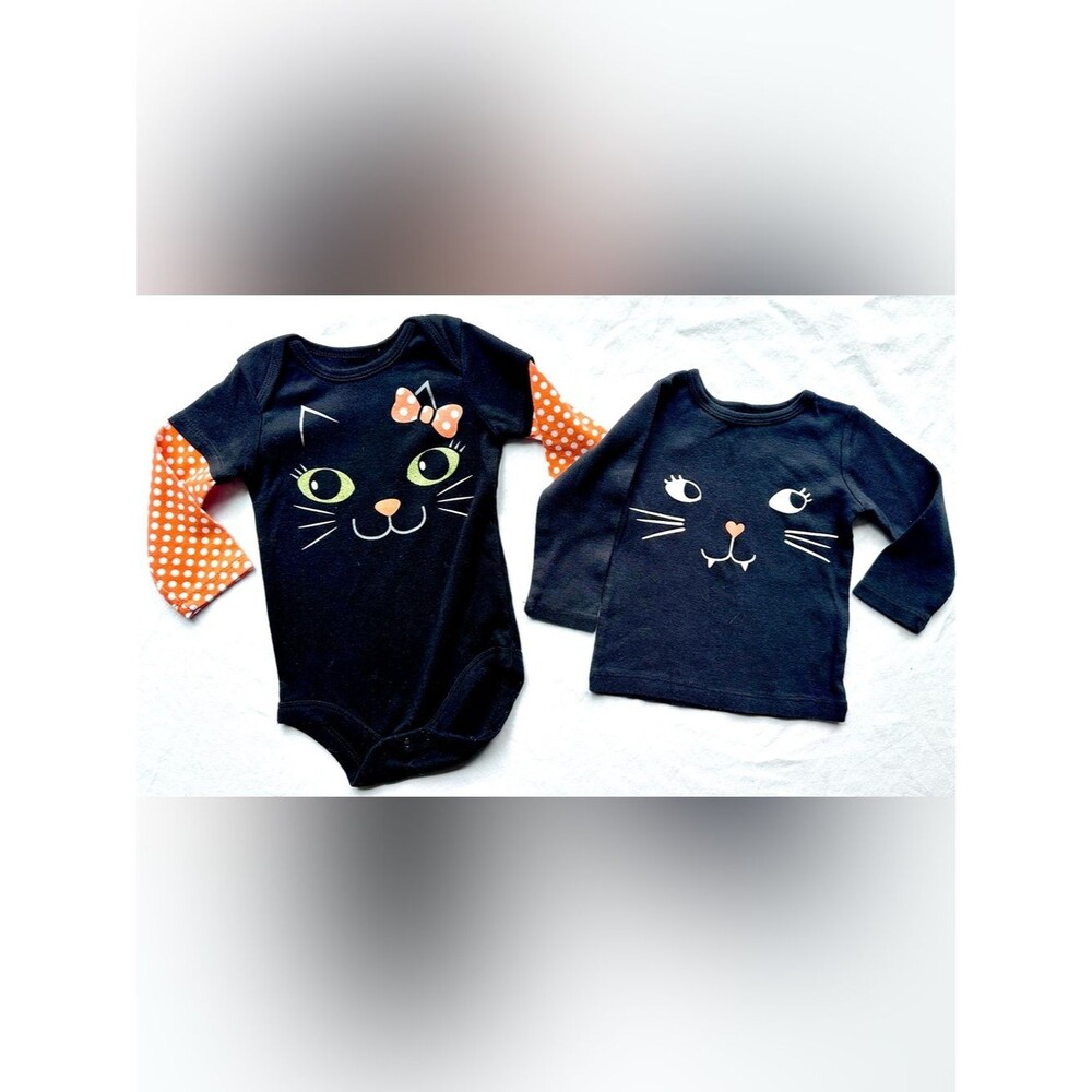 Black Cat Outfit Lot – 12M Long Sleeve Bodysuit & Top Kitty Graphics, Halloween